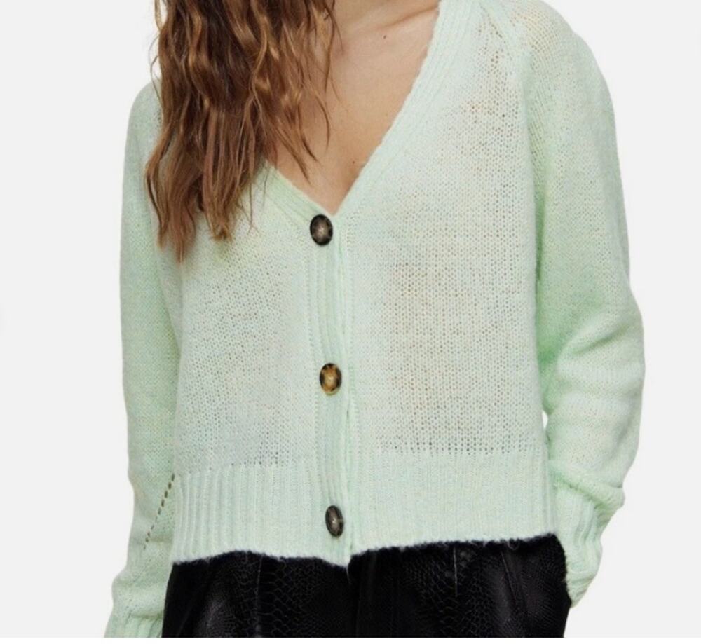 Topshop Womens Cardigan Sweater Size S 4/6 Mint Green Open Knit Boxy Lightweight